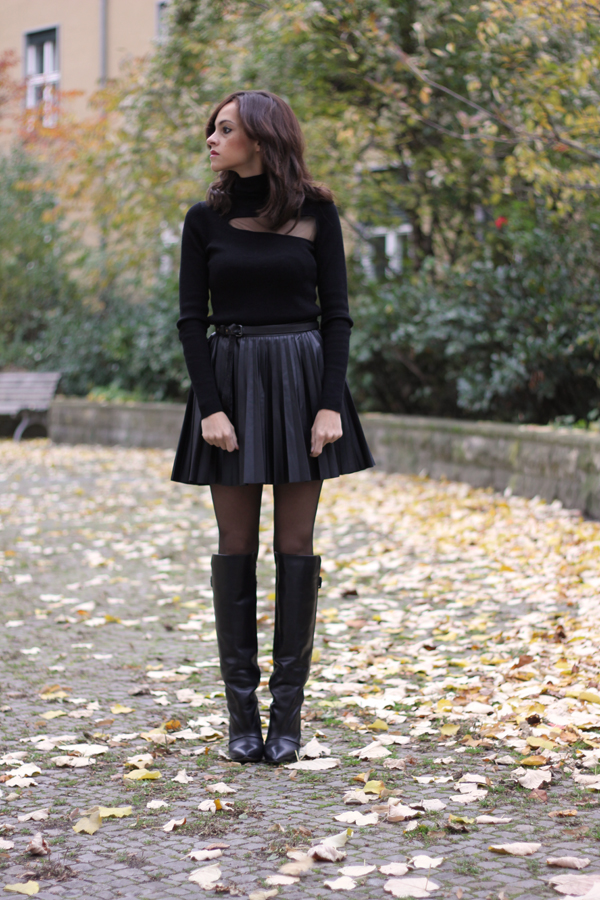 Tulle Turtle Neck, Pleated Leather Skirt and High Cut Boots - Les ...