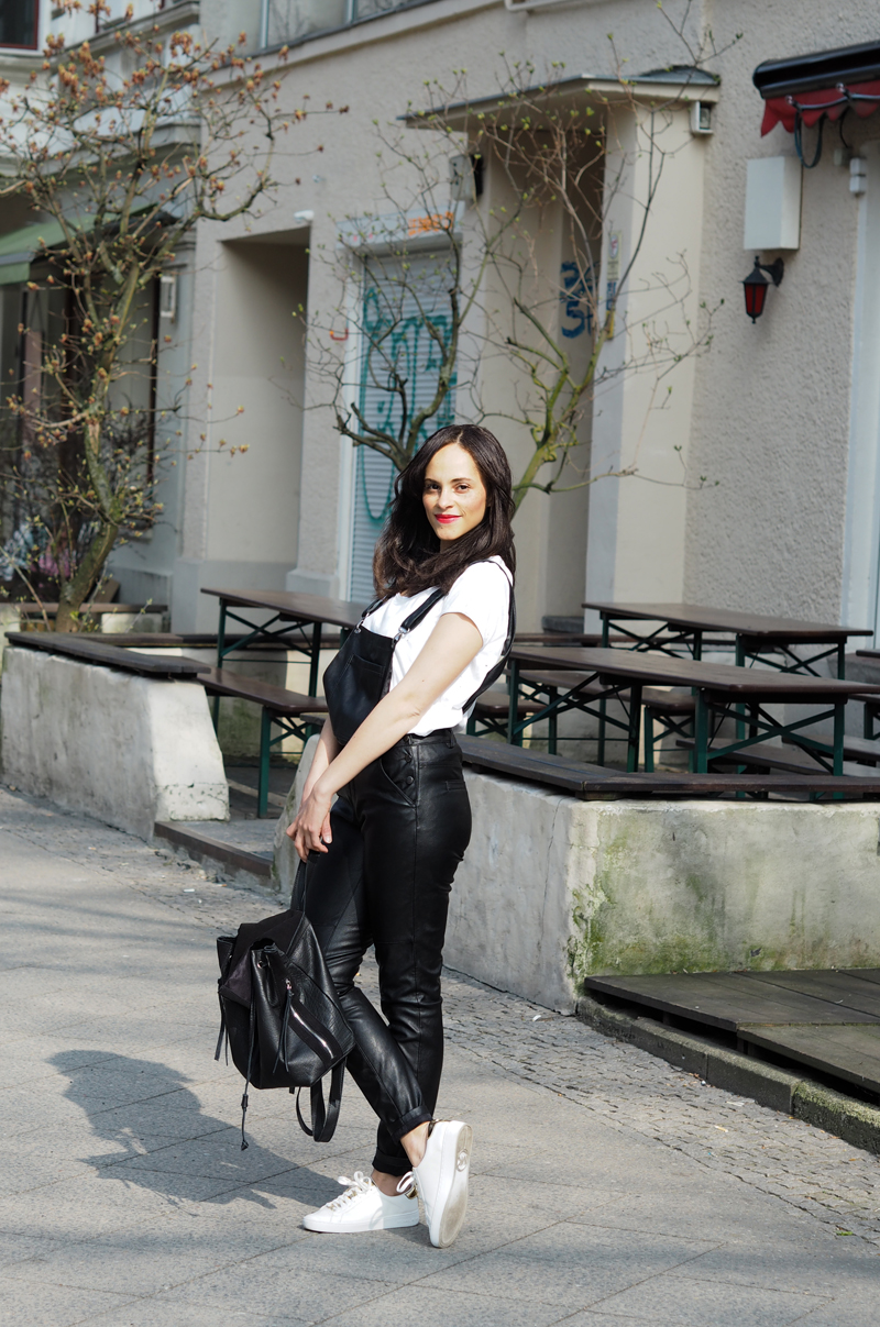 outfit black leather dungaree gina tricot