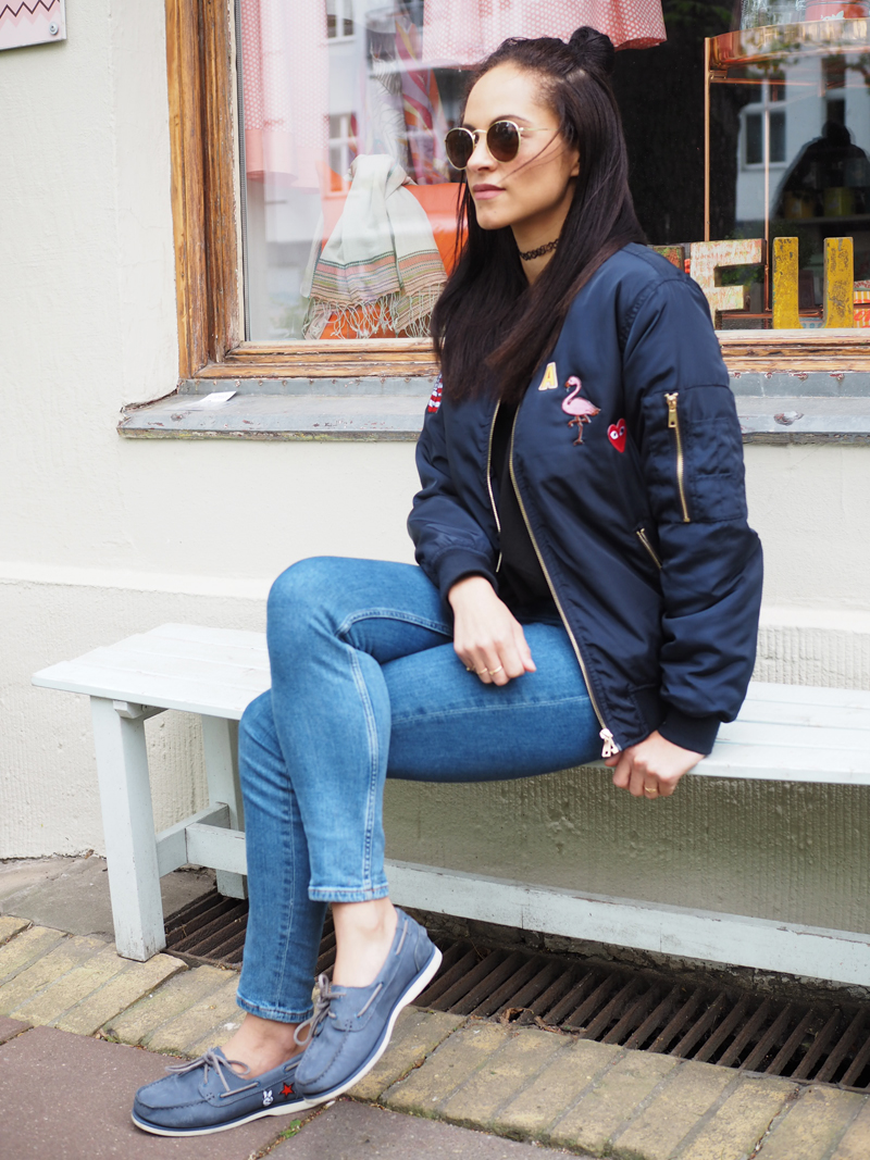 Timberland boat shoe & customized bomber jacket with patches