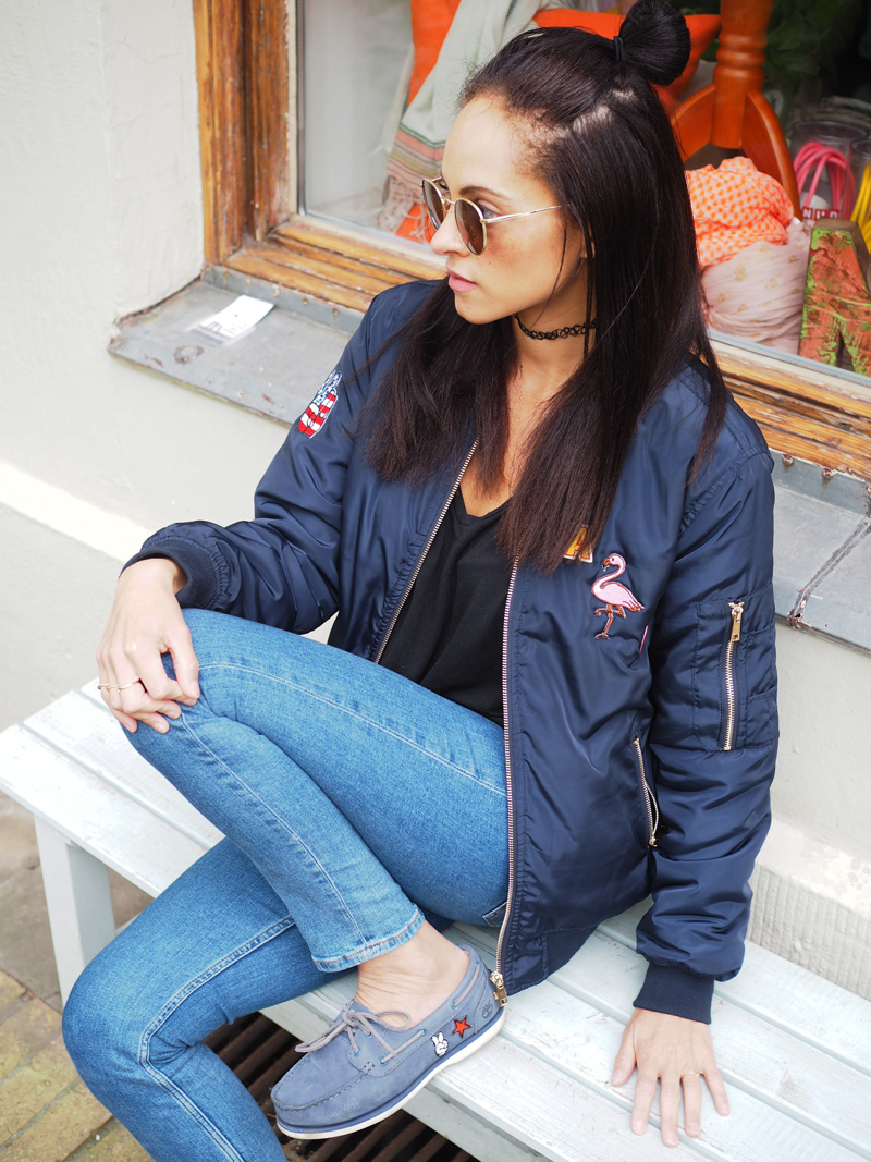 Timberland boat shoe & customized bomber jacket with patches