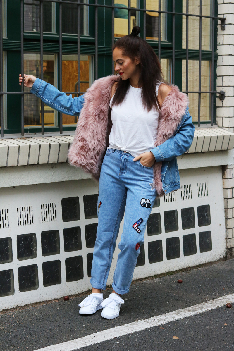 all denim look pink fur lined denim jacket and patch jeans