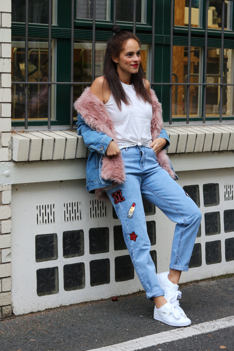 all denim look pink fur lined denim jacket and patch jeans puma heart sneakers