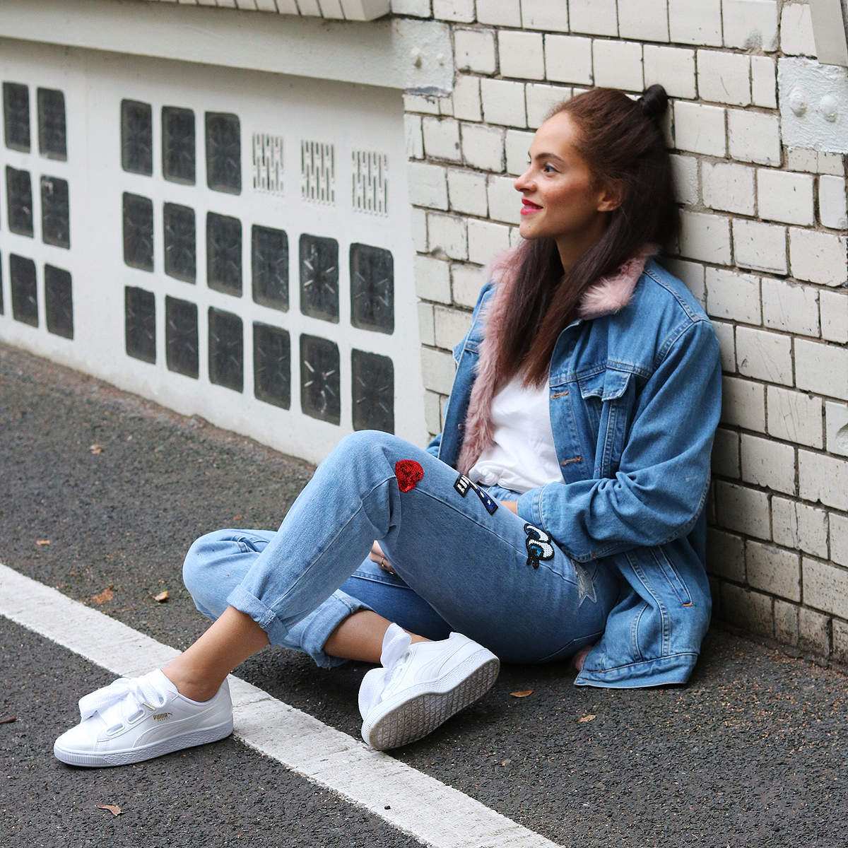 Fur lined denim jacket and patch jeans