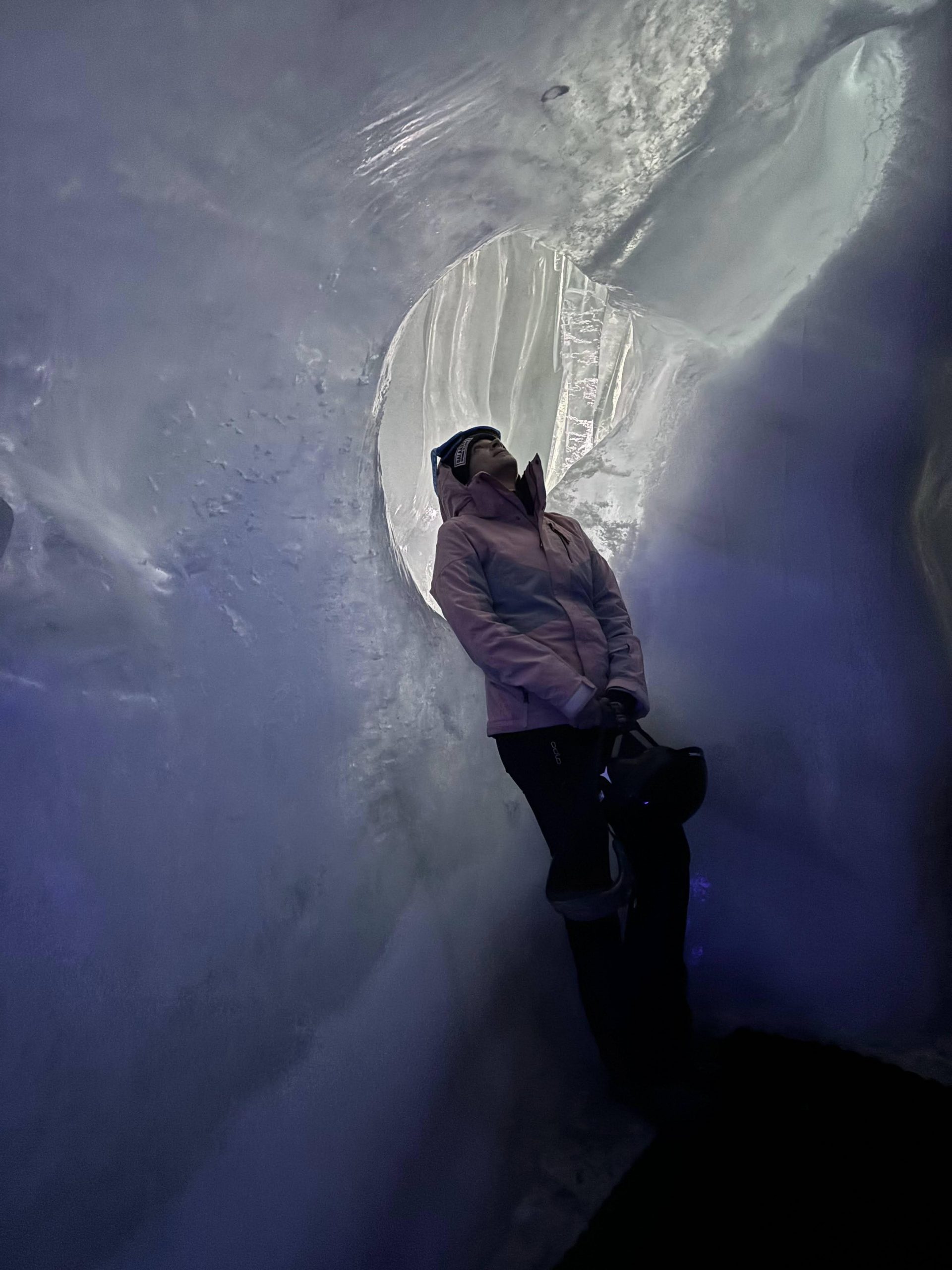 Travel Blogger visiting Natural Ice Cave at Eis Palast at Hintertux Glacier